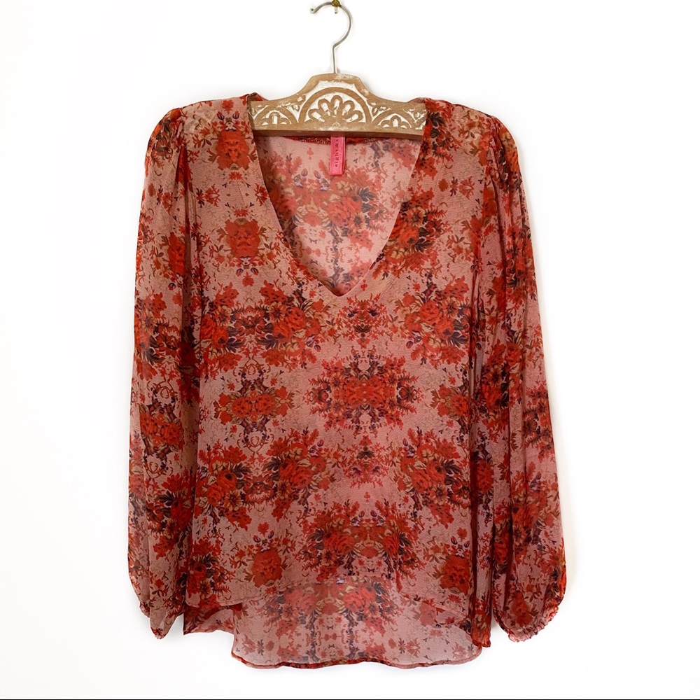 Eight Sixty Long Sleeve Sheer High Low Floral Top